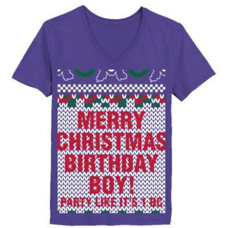 AGR Merry Christmas Birthday Boy Jesus Ugly Sweater – Ladies’ V-Neck T-Shirt