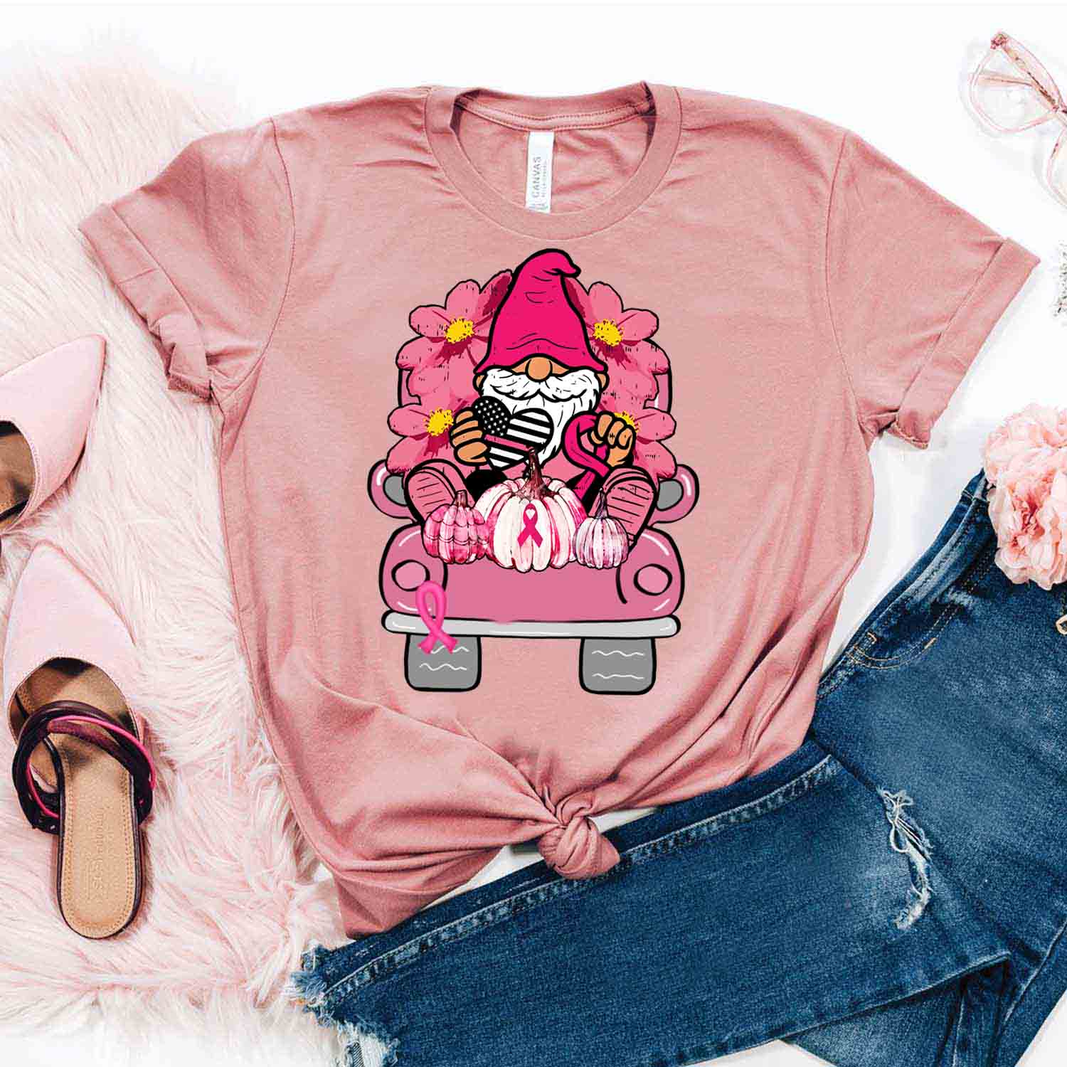 October Gnome And Pumpkin Shirt – Breast Cancer Awareness T-Shirt Gifts For Mom Daughter Friends Hoodies Sweater Pink