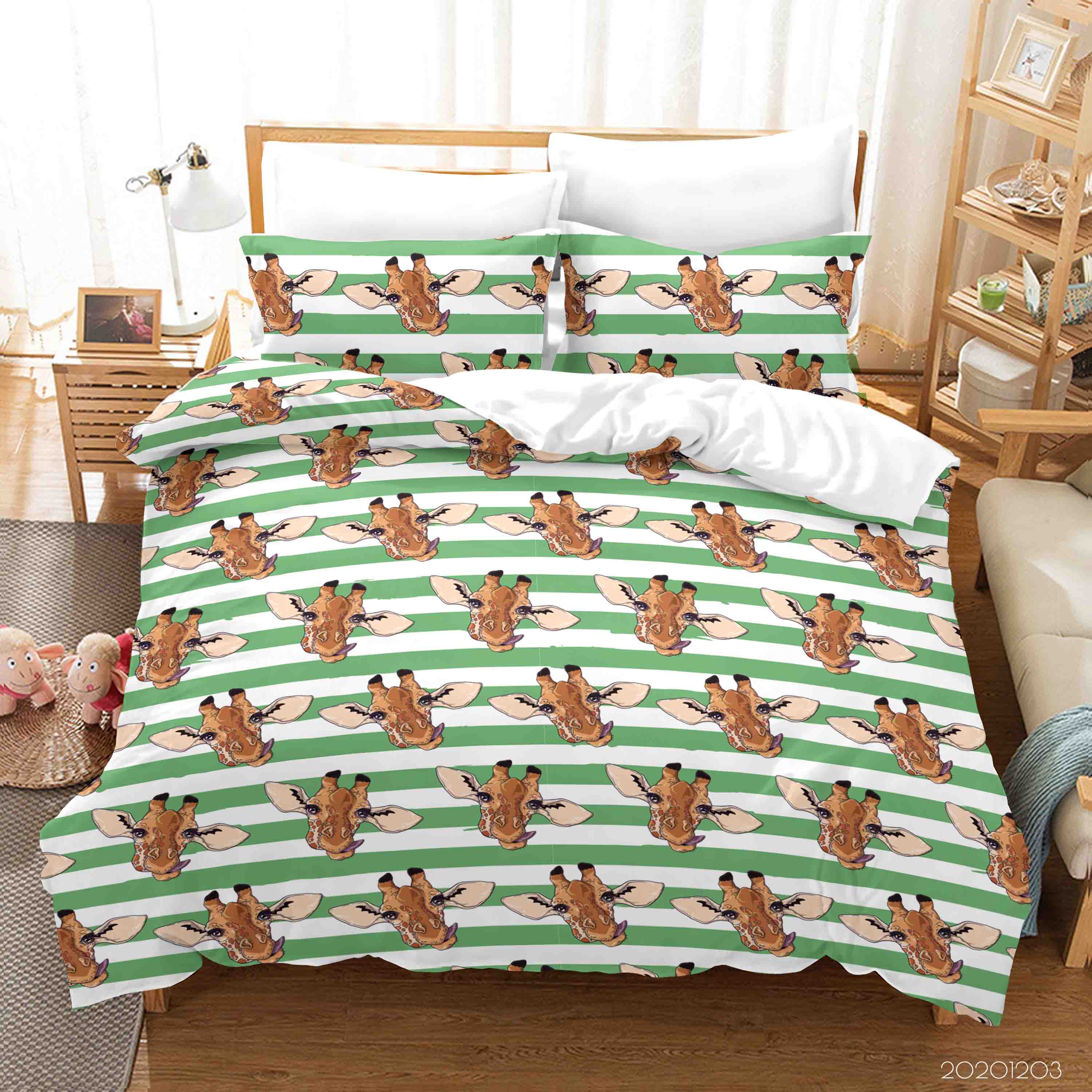 3D Hand Drawn Giraffe Animal Green Stripe Quilt Cover Set Bedding Set Duvet Cover Pillowcases Lxl