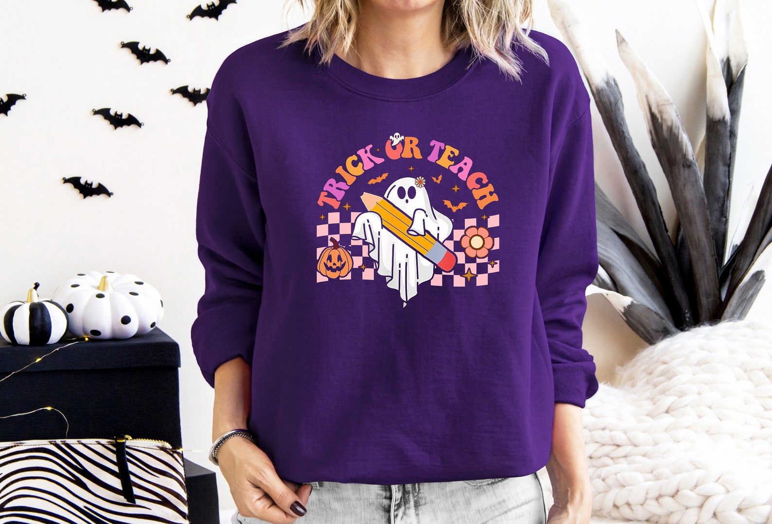 Funny Halloween Teacher Shirt, Halloween Teacher Gift, Spooky Season Teacher Sweatshirt 2D Crewneck Sweatshirt All Over Print Sweatshirt For Women Sweatshirt For Men