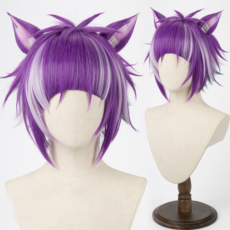 Twisted Wonderland Chenya Cosplay Halloween Party Heat Resistant Synthetic Hair Short Purple Wig + Ear + Free Wig Cap alx