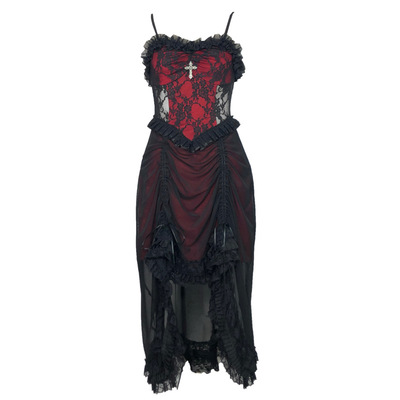 Blood Supply Original Vampire Gothic Black Red Drawstring Asymmetric Slip Dress Halloween Lace Fly Sleeve Dark Suspender Dress alx