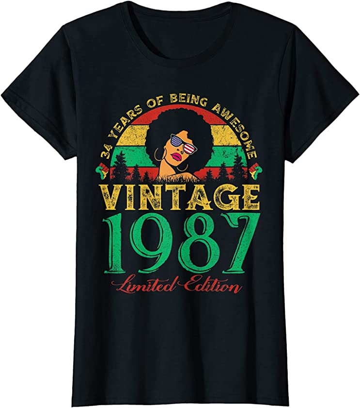 Womens Vintage 1987 Sunset 34 Years Old Black Woman 34th Birthday T-Shirt