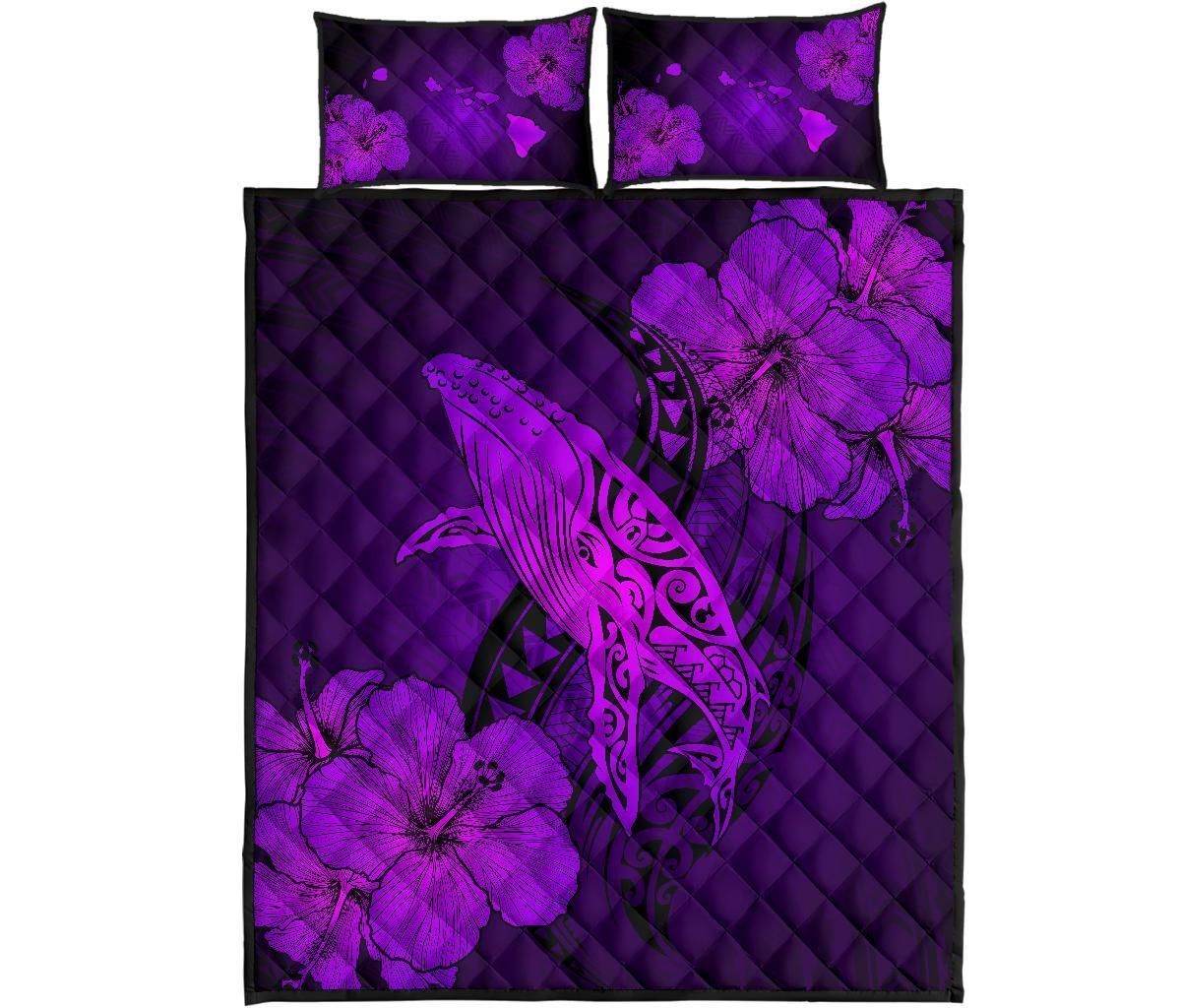 Quilt Bed Set Hawaiian Whale Swim Hibiscus Polynesian Purple