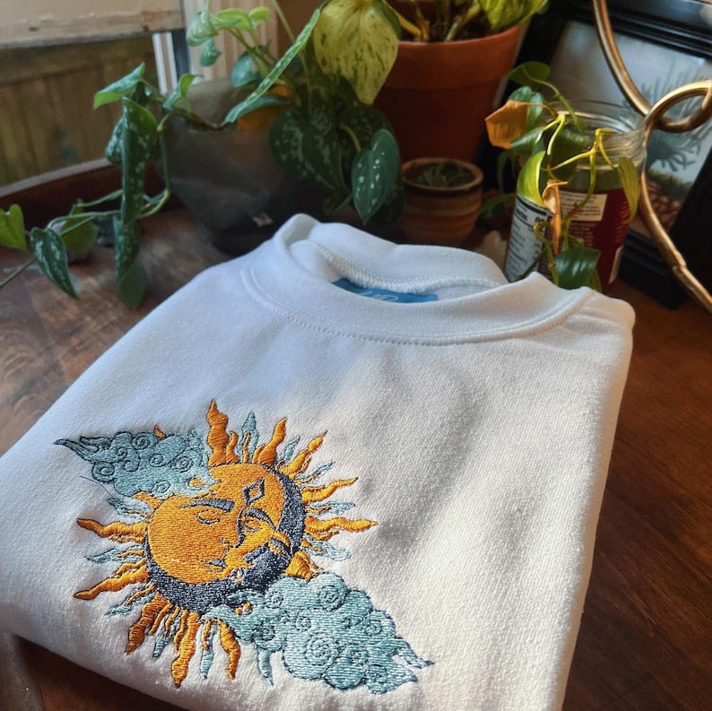 White Sun & Moon Embroidered Sweatshirt 2D Crewneck Sweatshirt All Over Print Sweatshirt For Women Sweatshirt For Men Sws3189