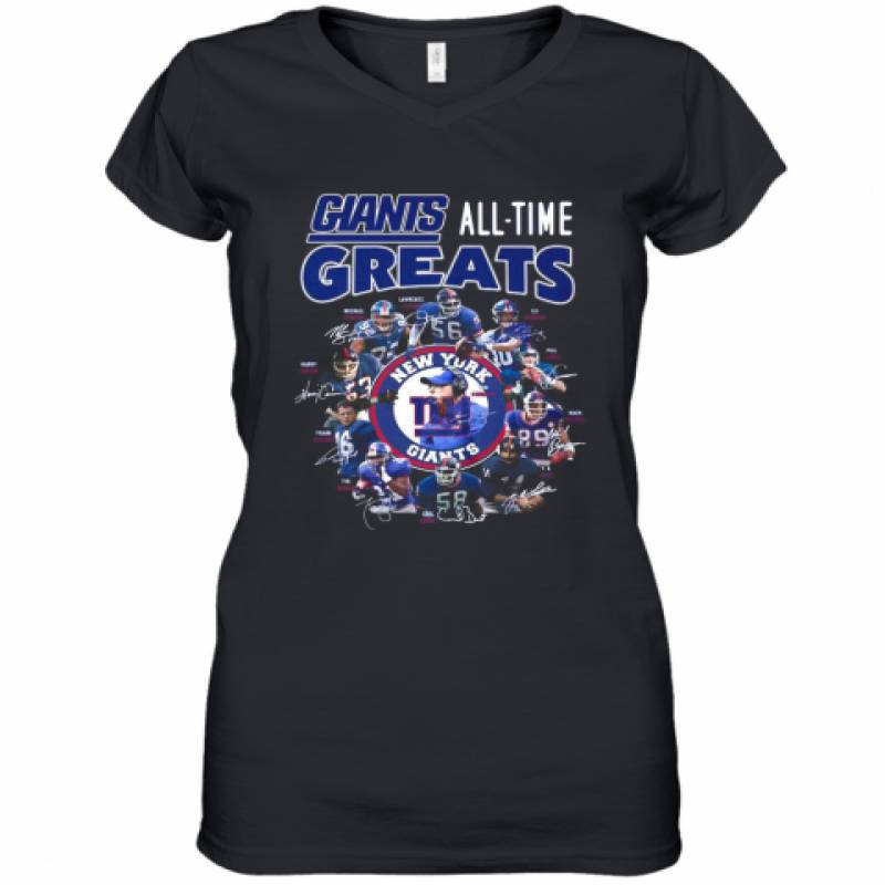 New York Giants Football All Time Greats Players Signatures Women's V-Neck T-Shirt