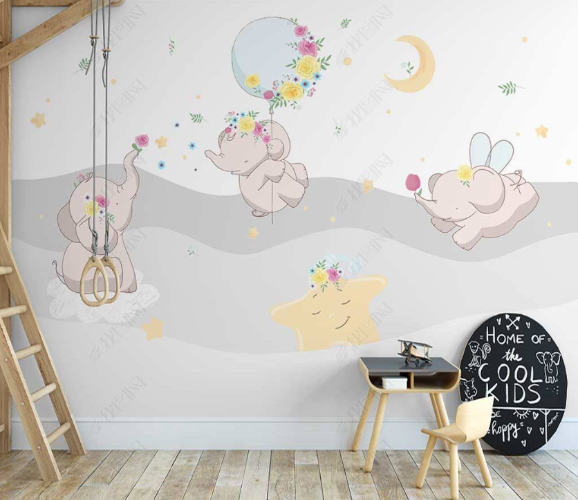 3D Cartoon Cloud Animal Elephant Balloon Wall Mural Wallpaper Lqh 117