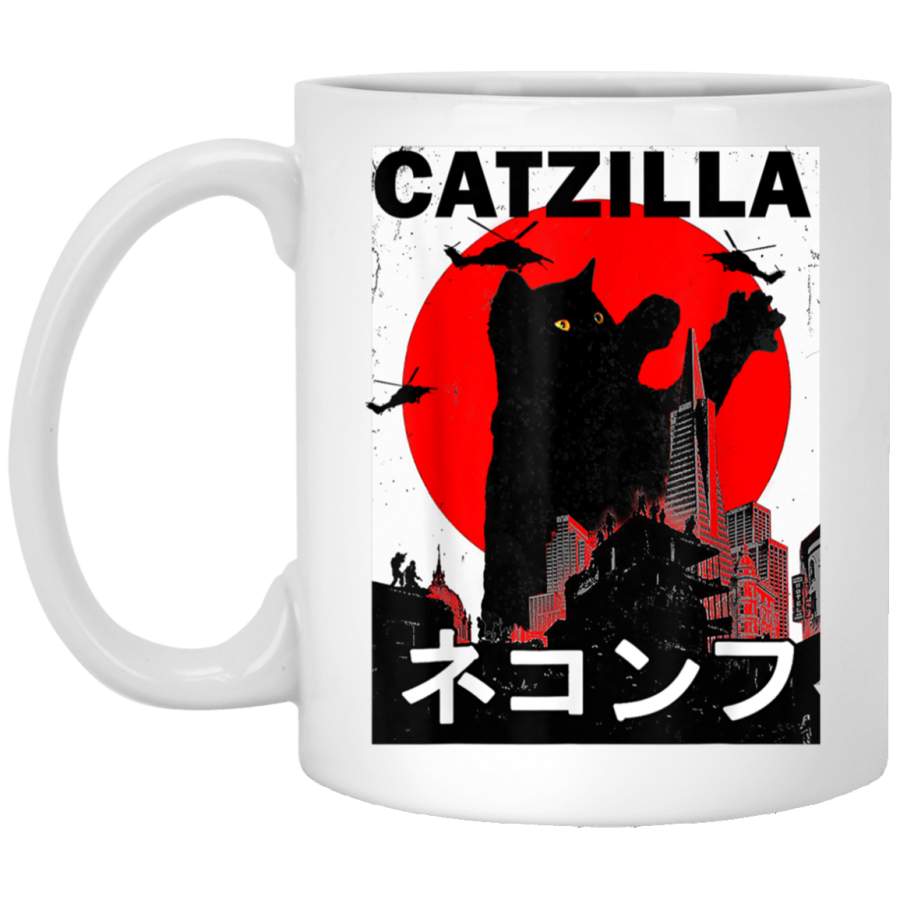 Vintage Catzilla Japanese Sunset Style Cat Kitten Lover White Mugs