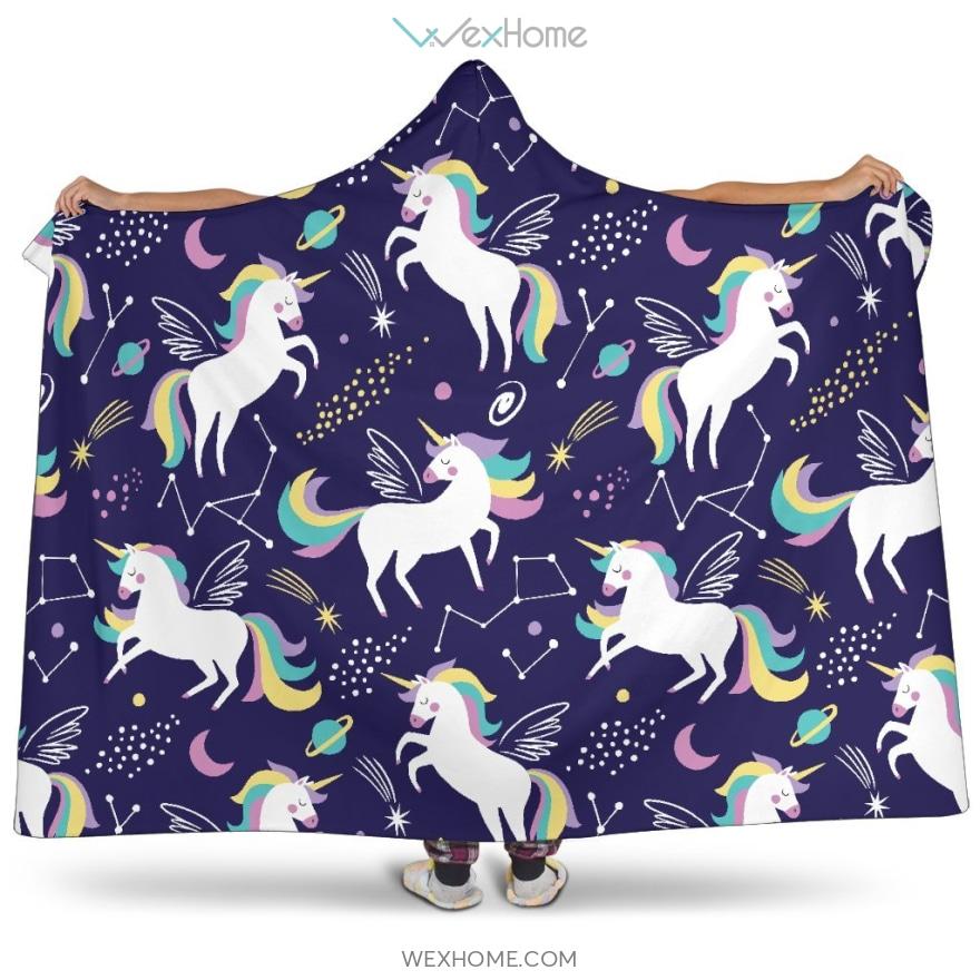 Hand Drawn Cute Unicorn Star Planet Hooded Blanket