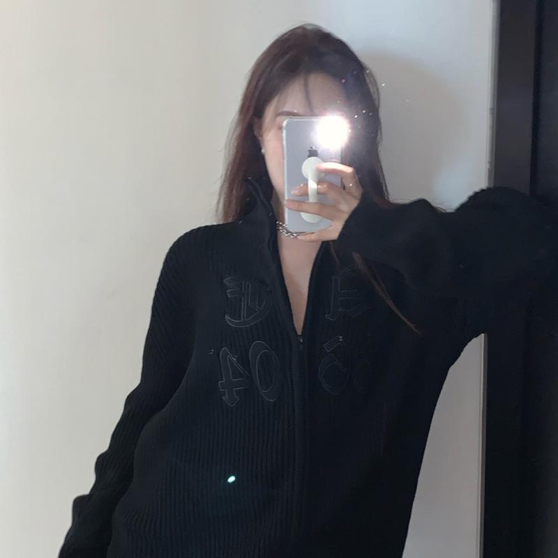 Zip-up Cardigans Women Letter Embroidery Retro High Street Sweaters Korean Style Stand Collar Jumper Feminine Ins Tender Tops alx