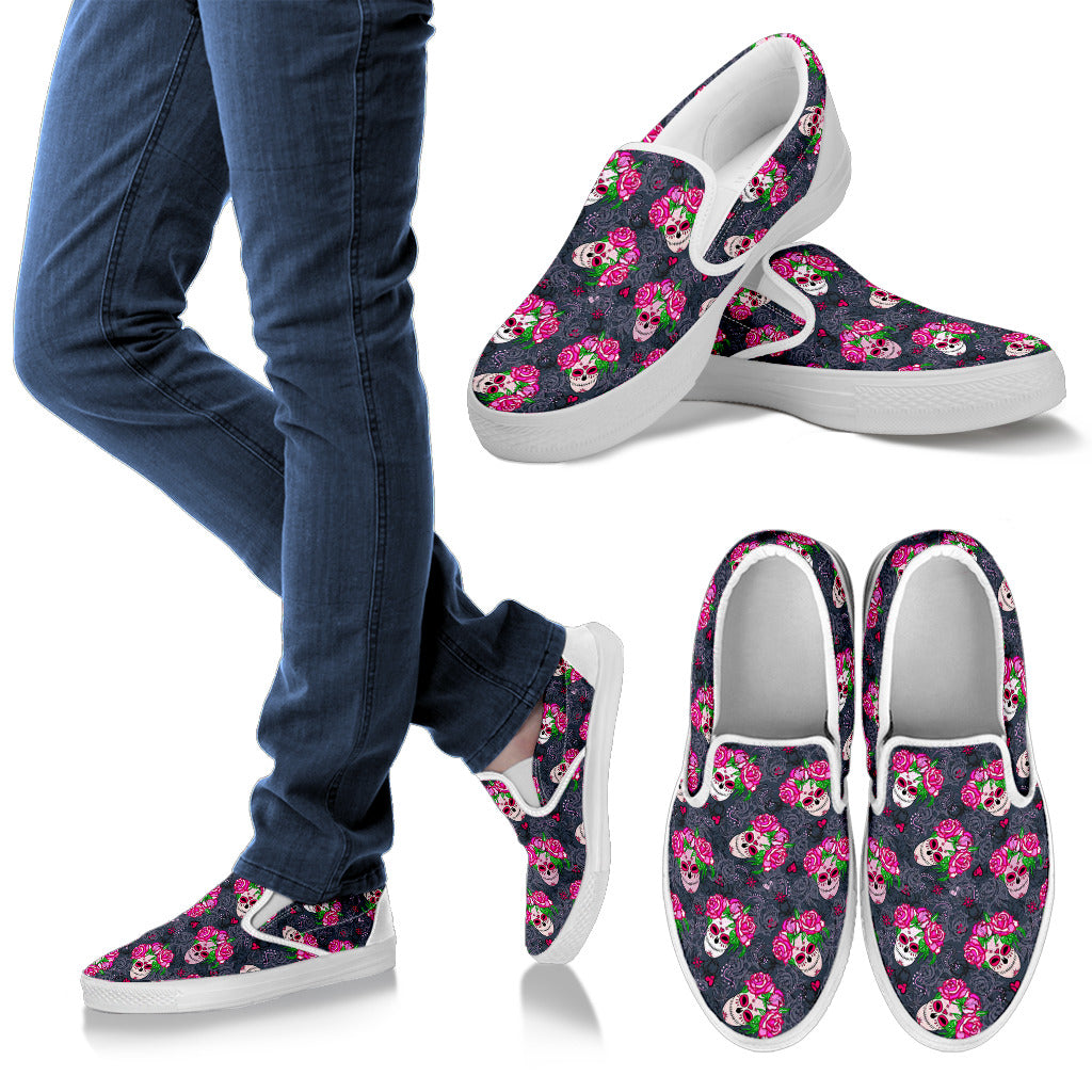 Sugar Skull Pink Rose Themed Print Men Slip Ons Shoes - TattoosCafe