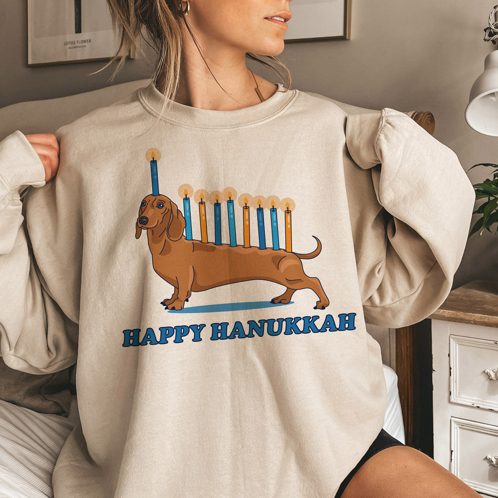 Weiner Dog Menorah Crewneck Sweatshirt, Festive Dog Mazel Tov Holiday Hanukkah Crewneck Sweatshirt, Ugly Holiday Sweater