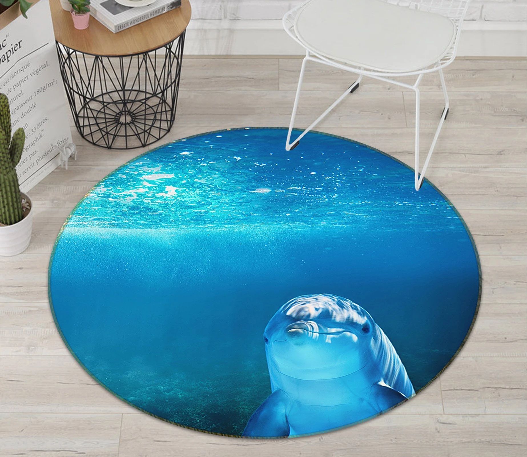 Blue Deep Ocean Dolphin Printed Round Rug – Round Carpet Home Decor