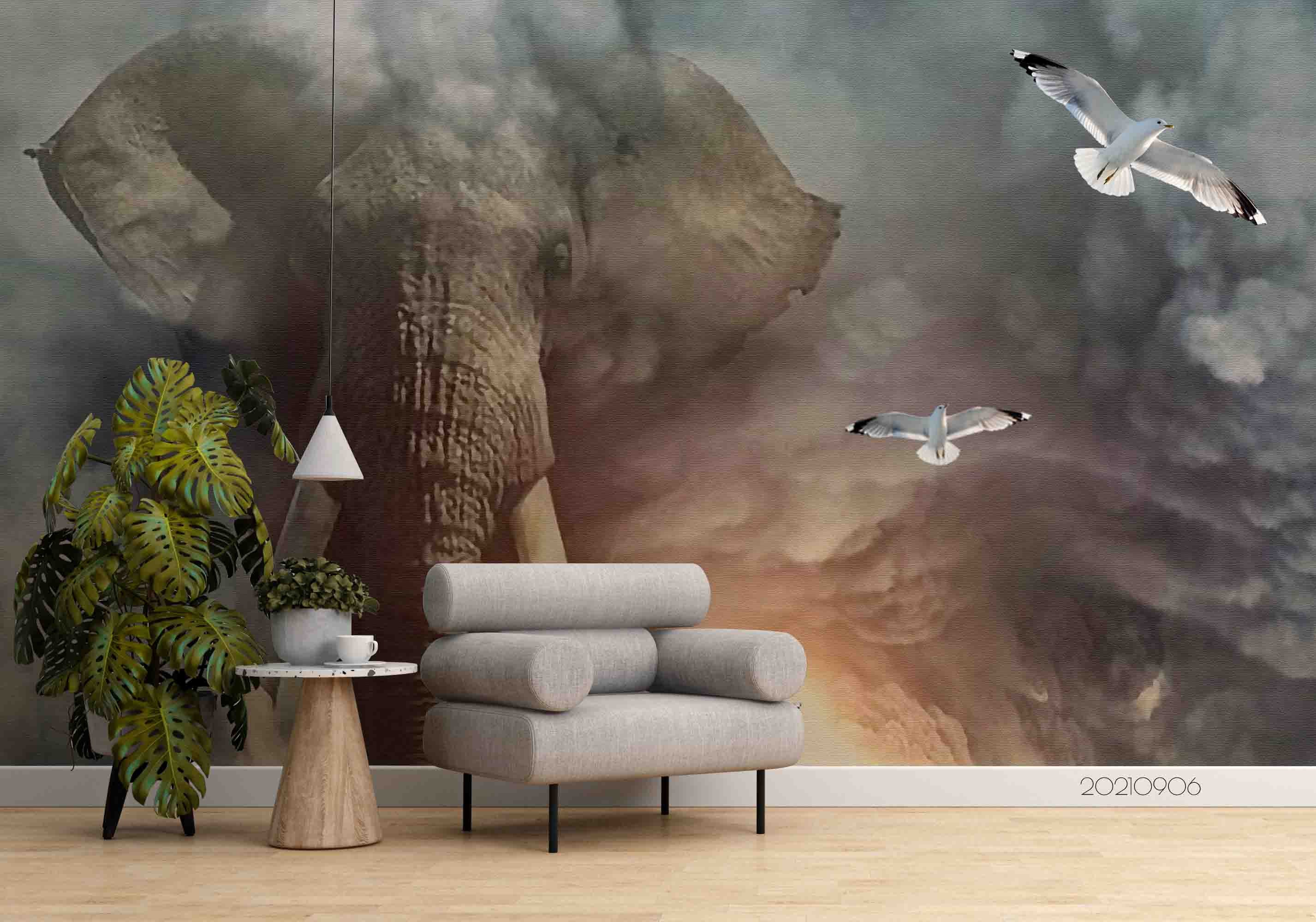 3D Hand Drawn Animal Elephant Seagull Wall Mural Wallpaper Lqh 632