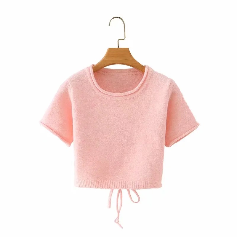 Women Retro Short Sleeve O Neck Sweater Vintage Knitted Crop Tops Pullover Soft Sexy Backless Femme Tine Pull Cropped Sweater alx