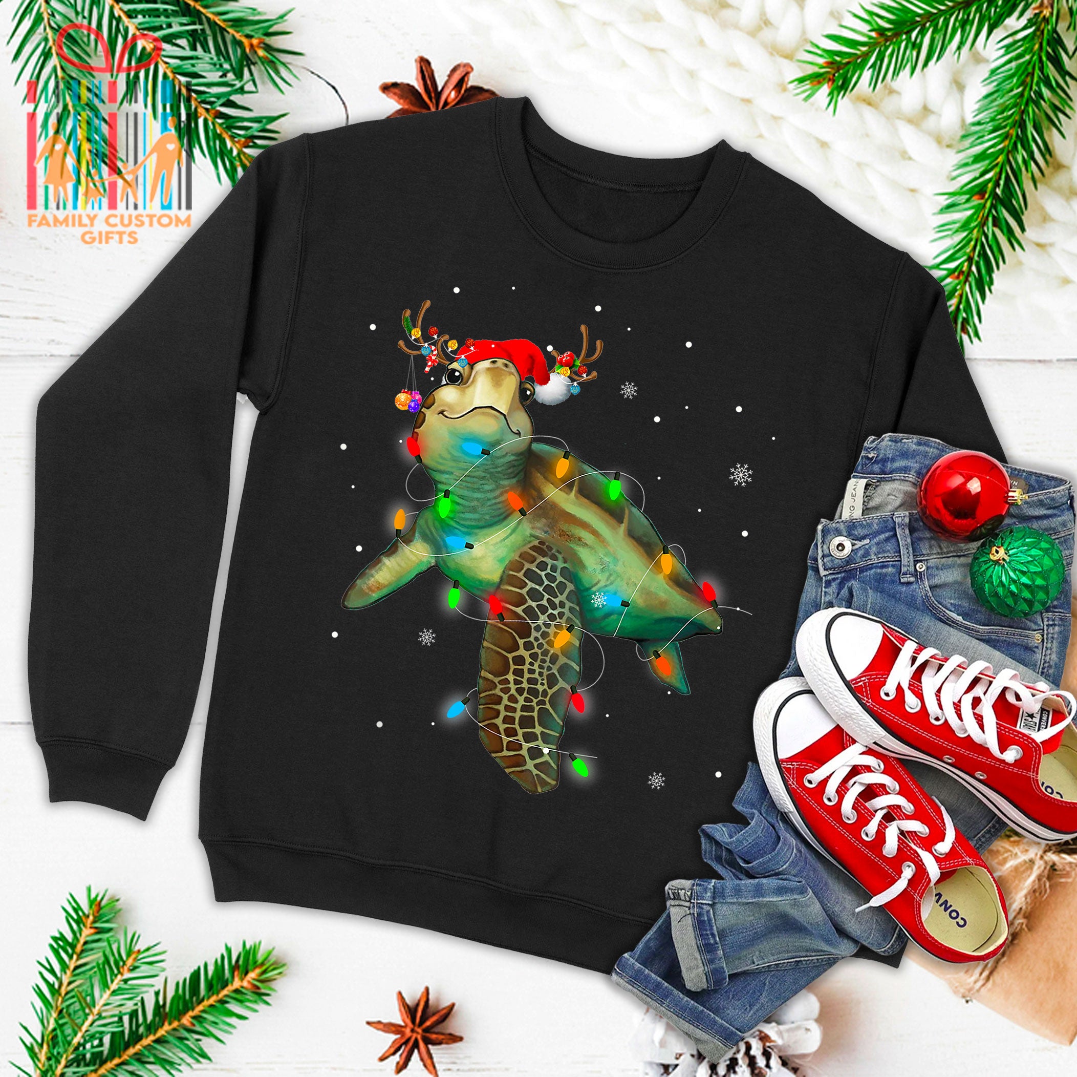 Sea Turtle Christmas Lights Funny Santa Hat Merry Christmas Ugly Christmas Sweater T-Shirt