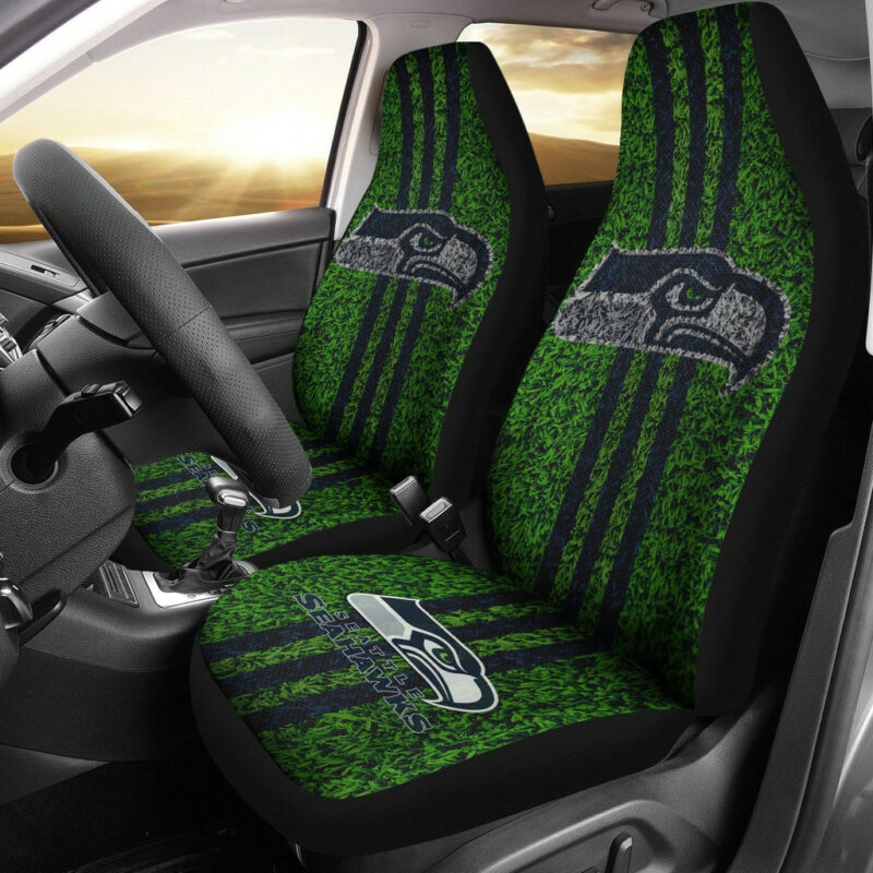 American Football Team Car Seat Covers – Seattle Seahawks Head On Football Grass Field Seat Covers