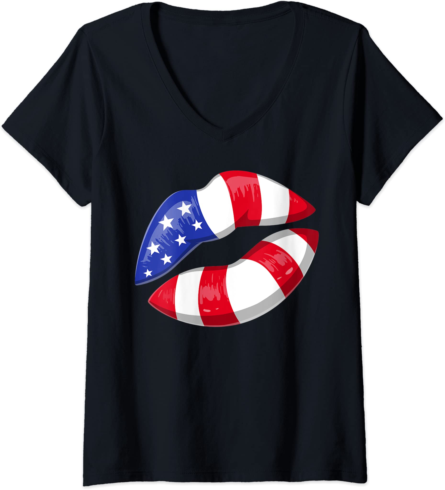 Womens American Flag Lips 4th Of July Patriotic V-Neck T-Shirt