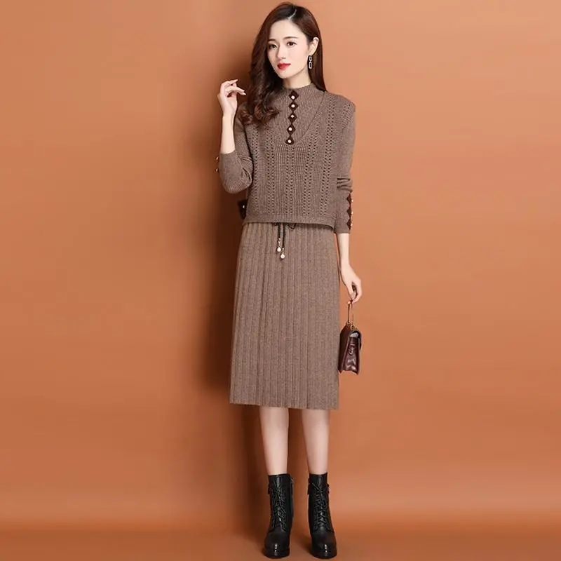 Autumn Winter Knitted Dress 2 Piece Set Women Outfits Casual Knit Vest And Elegant Half Turtleneck Sweater Dresses Vintage Suits alx