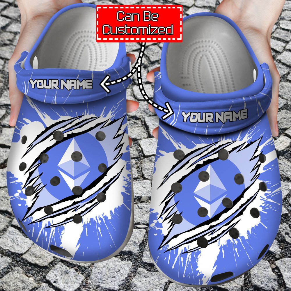 Crypto Crocs – Personalized Eth Coin Ripped Through Clog Shoes For Men And Women