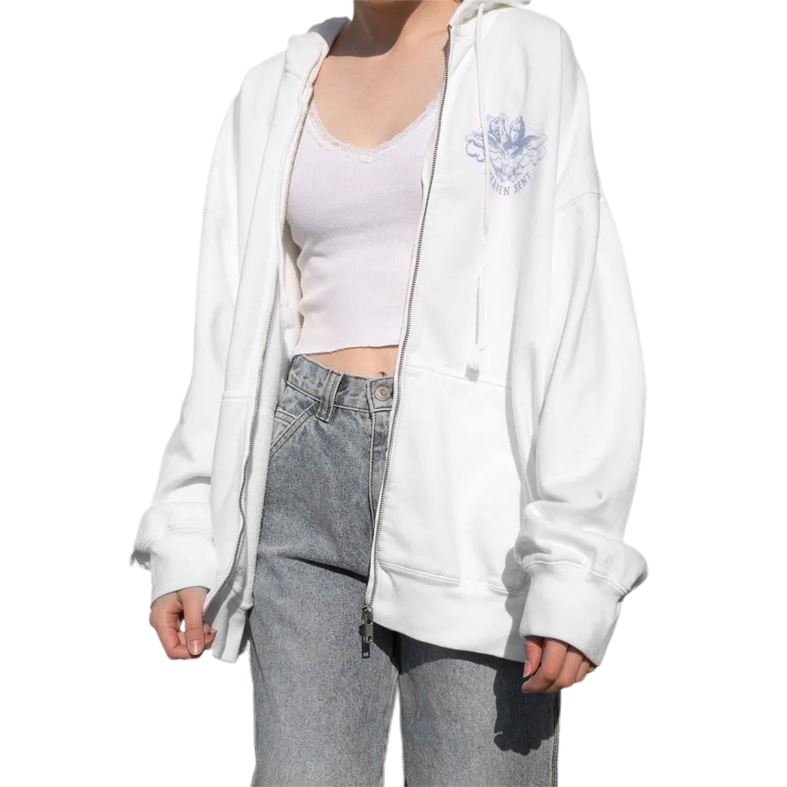 2021 Fall Retro White Angel Print Hoodie Women White Pure Cotton Long Sleeve Zipper Top Women Casual Street Oversized Sweatshirt alx