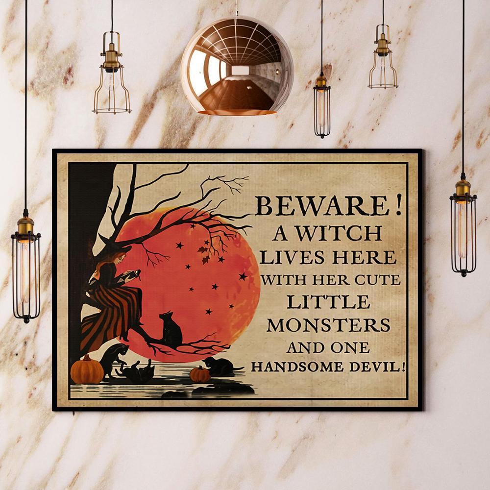 Black Cat & Witch Beware A Witch Lives Here Halloween Full Size Poster No Frame Matte Canvas, Wall Decor Visual Art