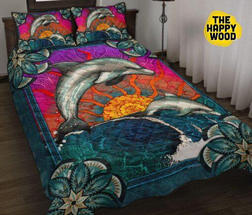 Dolphin Sunset Mandala Art Style Quilt Bed Set And Pillow Covers