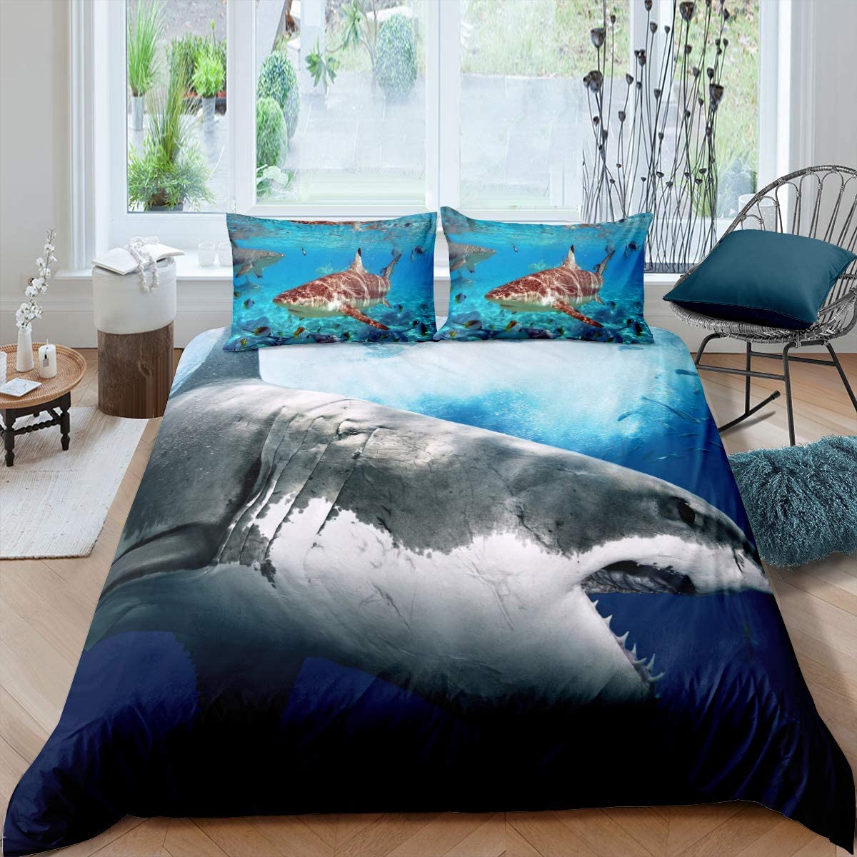 3D Shark Fish Bedding Duvet Cover Queen 3 Piece Hawaiian Beach Theme Bedding Set Underwater Children Bedspread Cover Ocean Sea Themed Pattern Printed on Blue Comforter Cover for Kid Boy Girls Teen