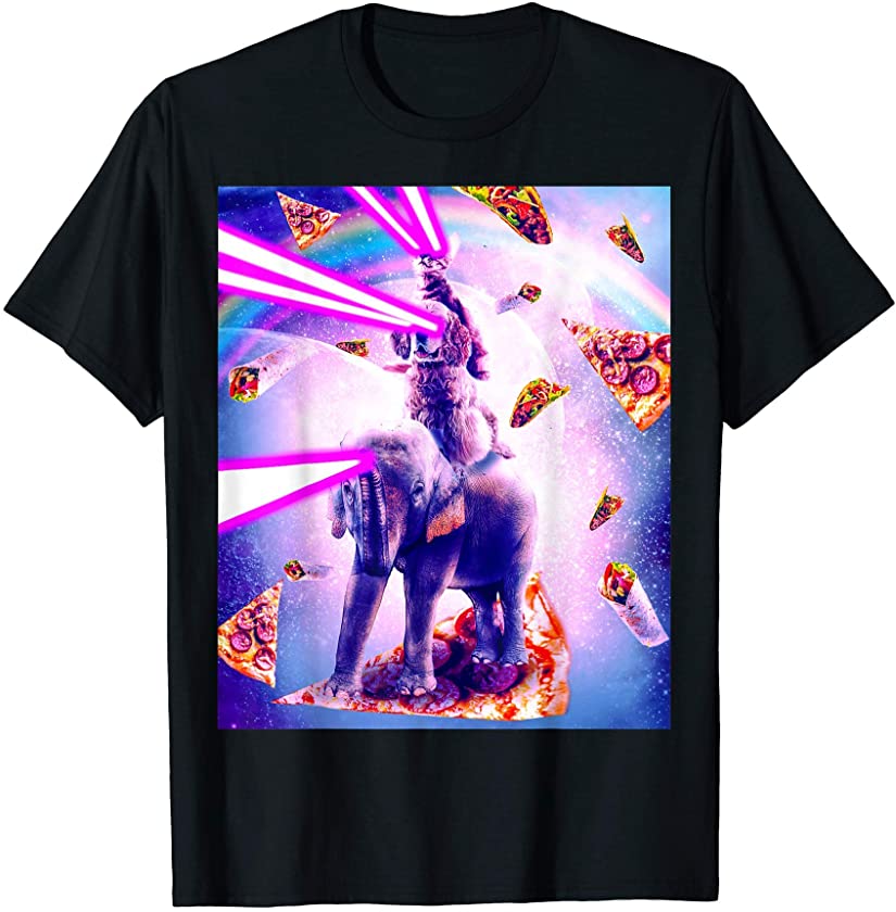 Laser Eyes Space Cat Riding Dog And Elephant T-Shirt