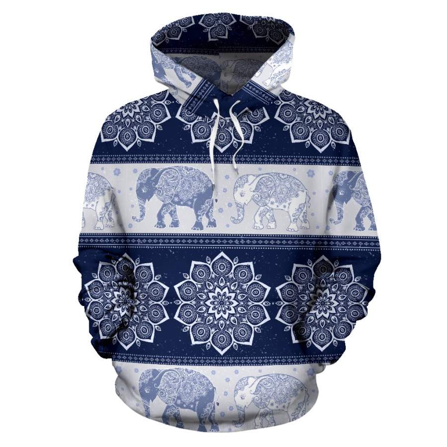 Flower Mandala Elephant Navy All Over Print Hoodie Sweatshirt Hooded