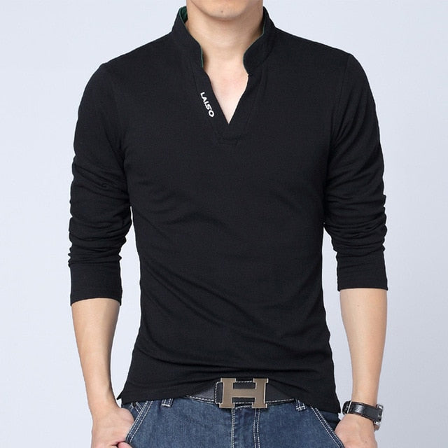 Solid Color V Neck Collar Long Sleeve Polo Shirt