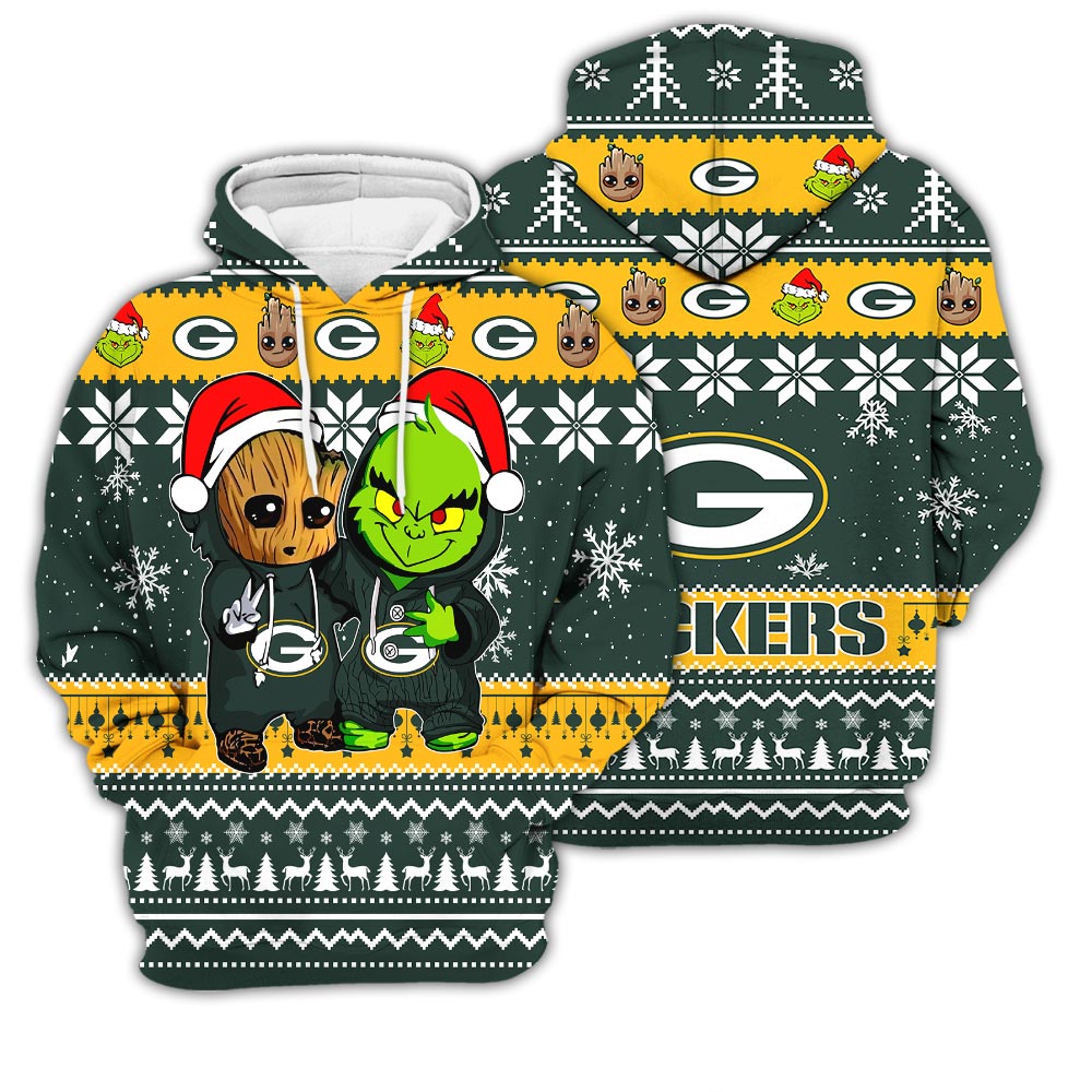 Green Bay Packers Baby Groot And Grinch Best Friends Football American Ugly Christmas Sweater New Trends For Fans Club Gifts Unisex 3D Hoodie