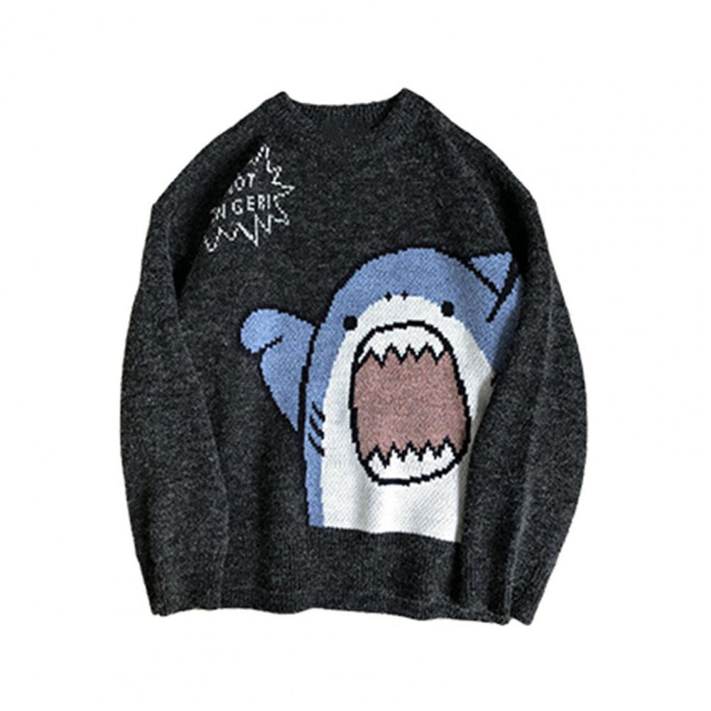 Women Men Sweater Cartoon Shark Print Round Neck All Match Long Sleeve Oversized Pullover Top Harajuku Hip Hop Loose Knit Jumper alx