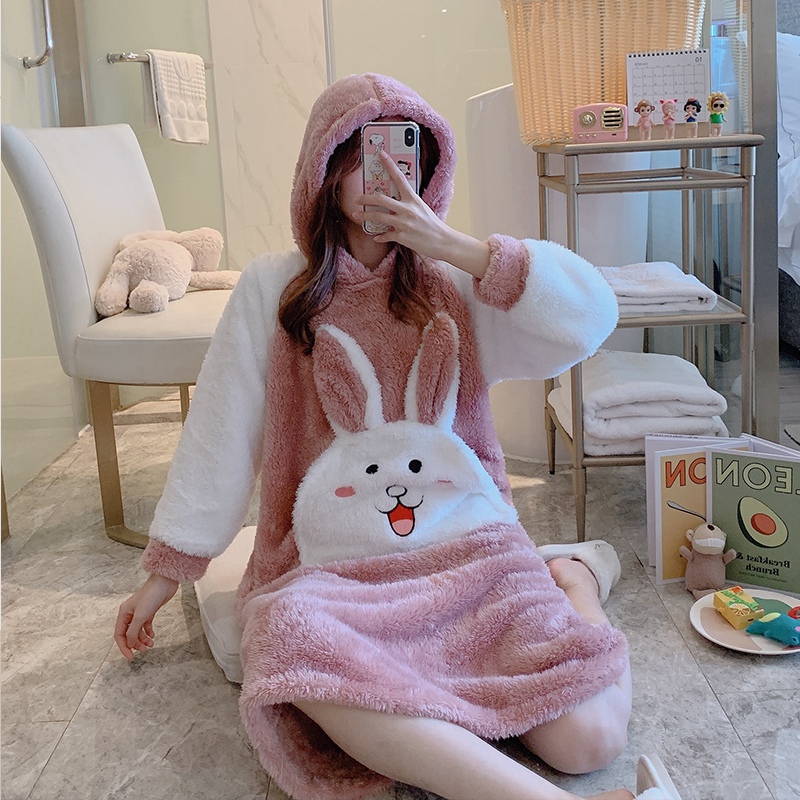 2022 Winter Long Sleeve Cute Cartoon Thick Warm Flannel Hooded Nightgown For Women Coral Velvet Sleepwear Night Dress Nightdress alx