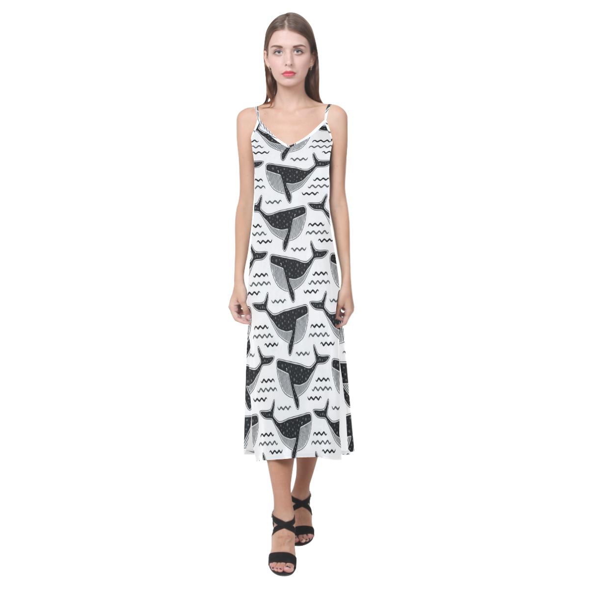 Black whale pattern V-Neck Open Fork Long Dress