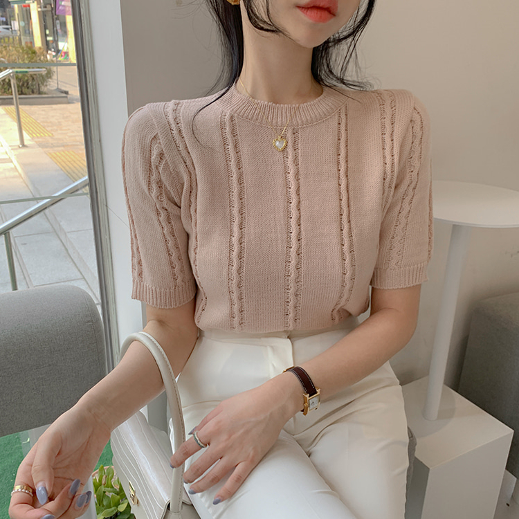 Summer short-sleeved crew-neck sweater knitted sweater twist preppy sexy pullover Korean thread top alx