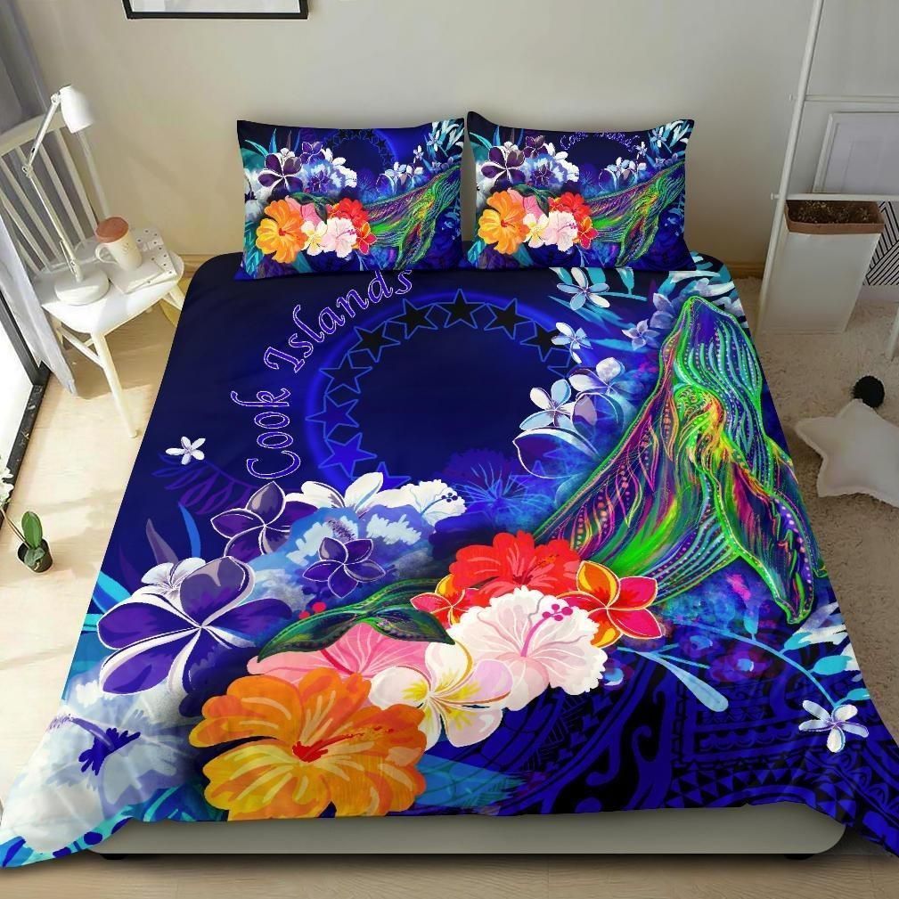 Alohawaii Bedding Set – Cover And Pillow Cases Cook Islands – Humpback Whale With Tropical Flowers (Blue)- Bn18