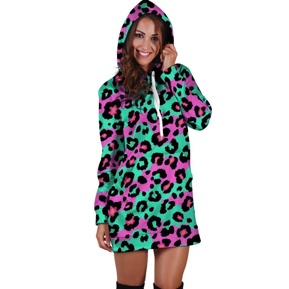 Teal Pink Leopard Hoodie Dress