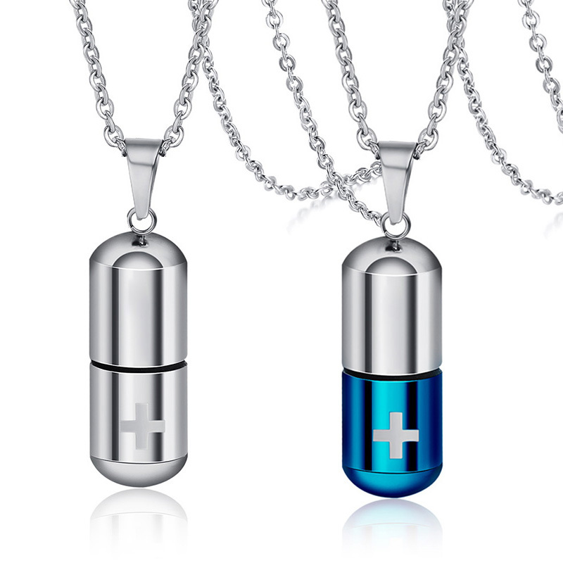 Vnox Hollow Pill Necklace for Men Women,Cross Engraved,Cremation Urn Pendant,Perfume Holder,Ashes Vial Keepsake Memorial Jewelry alx