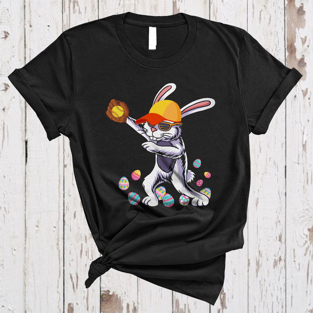 Dabbing Bunny Playing Softball Cute Cool Easter Day Softball Catcher Player Egg Hunt T-Shirt