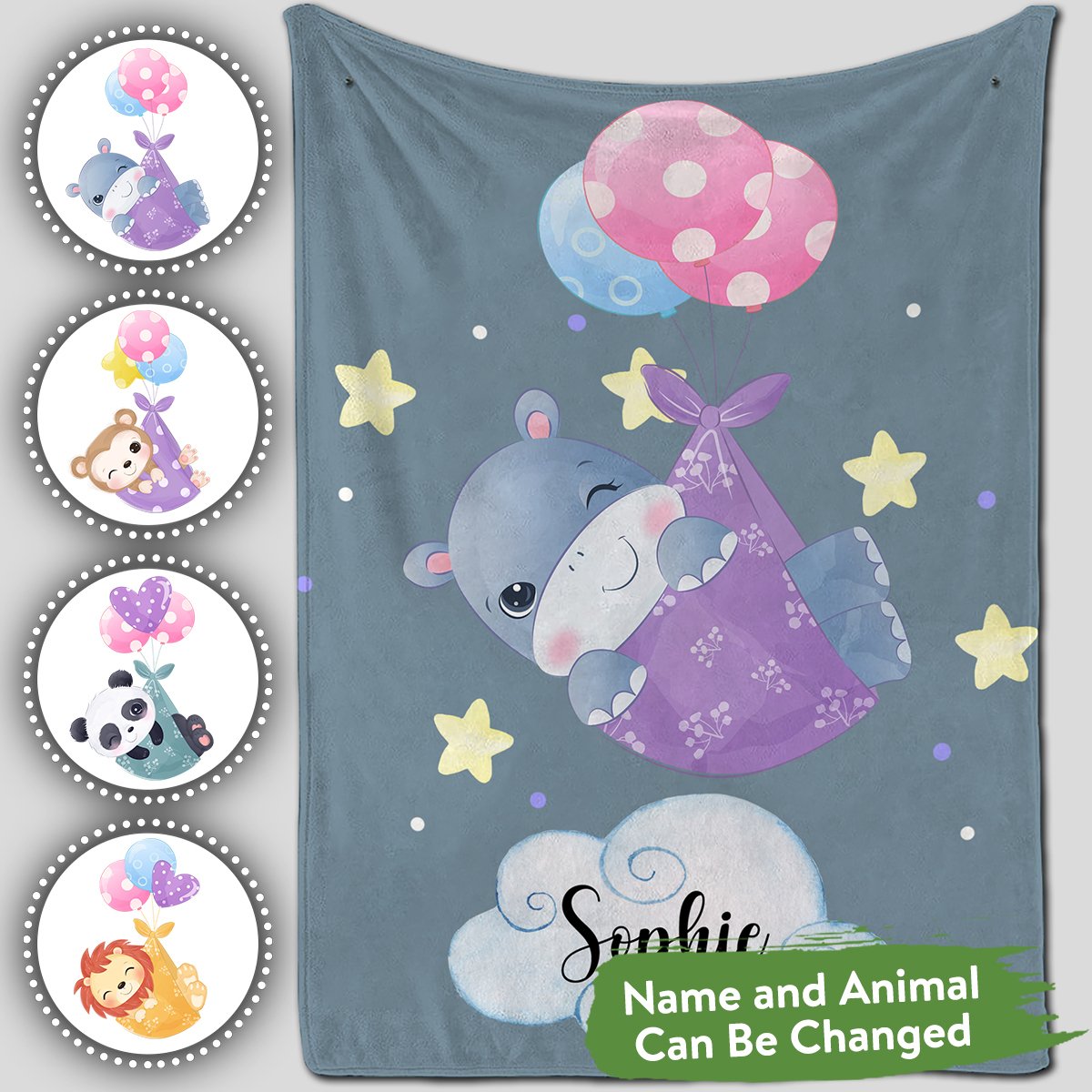 Personalized Baby Blankets With Name, Elephant, Monkey, Lion, Panda Baby Blanket Gray Color For Boy And Girl Baby