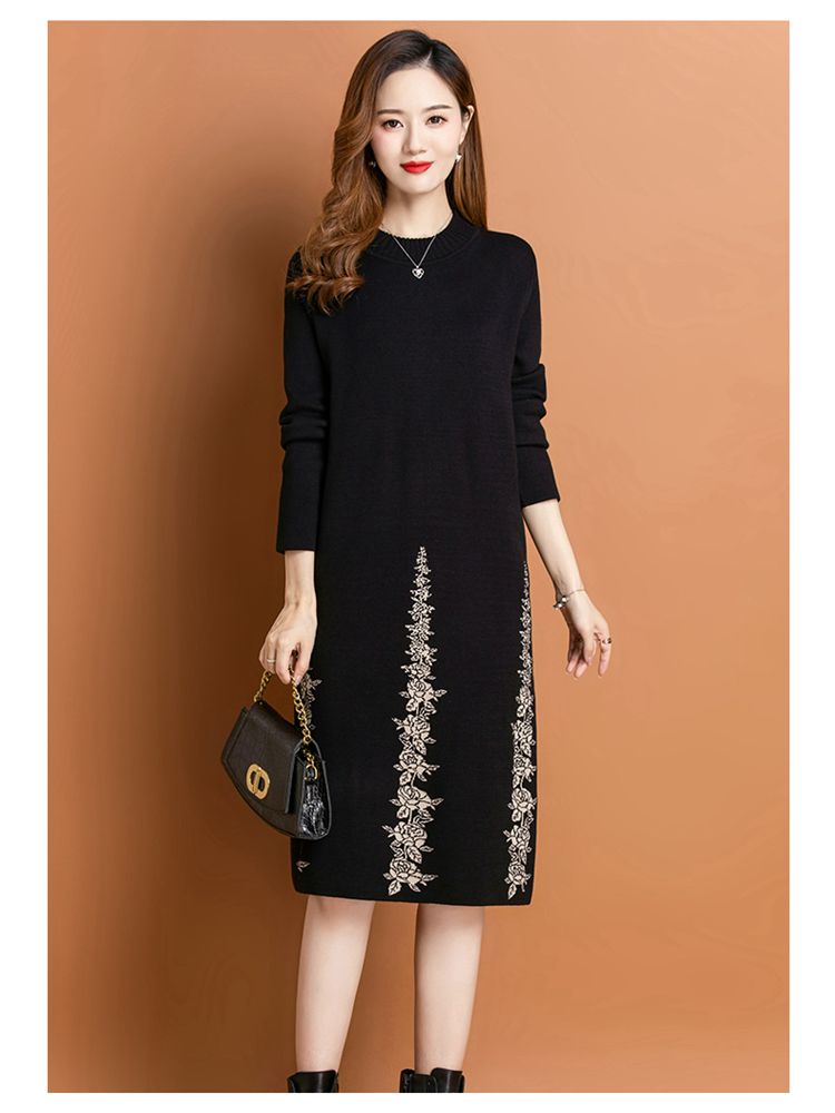 Black Wool Knitted Dress Women’s 2022 Autumn Winter Long Sleeve Loose Tight Jacquard Knee Length Dress Casual Elegant Party Dres alx