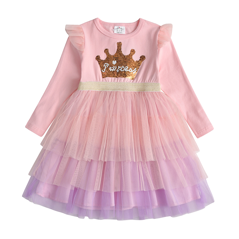 VIKITA Kids Princess Dress for Girl Children Tutu Mesh Dress Kids Reversible Sequins Girl Crown Pattern Children Autumn Clothing alx