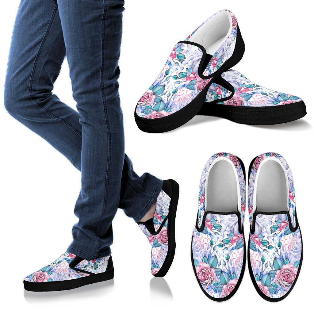 White Fairy Rose Unicorn Pattern Print Women’S Slip On Shoes