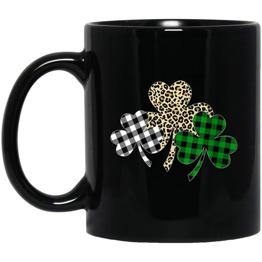 Womens Irish Shamrocks Leopard Buffalo Plaid St Patrick’s Day 11 oz 15 oz Black Mug