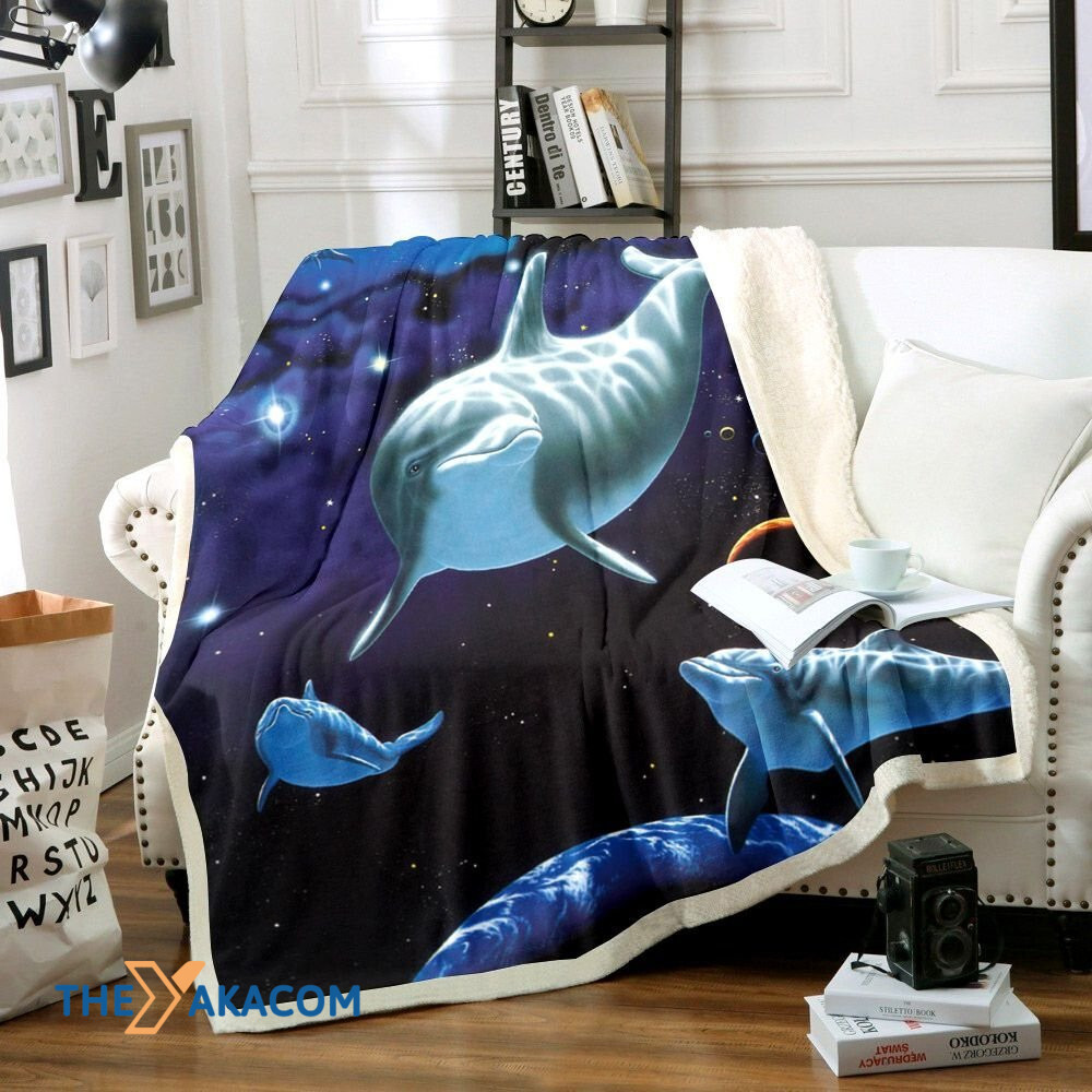 3D Dolphin Under The Dark Ocean Fleece Sherpa Throw Blanket