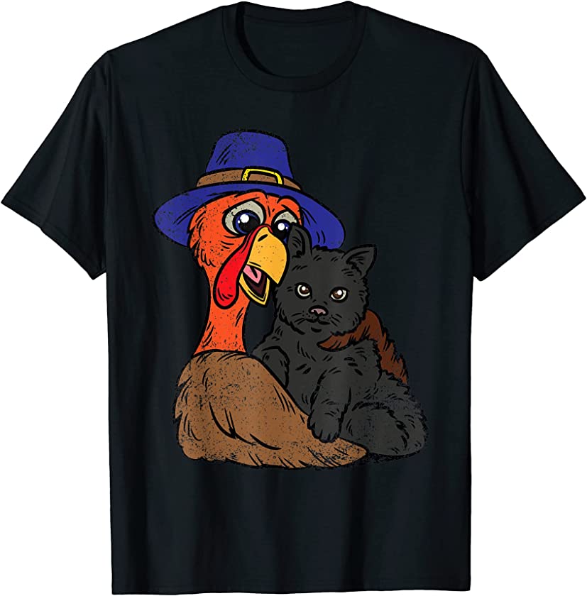 Turkey Hugging Cat Thanksgiving Day Cute Kitten Fall Autumn T-Shirt