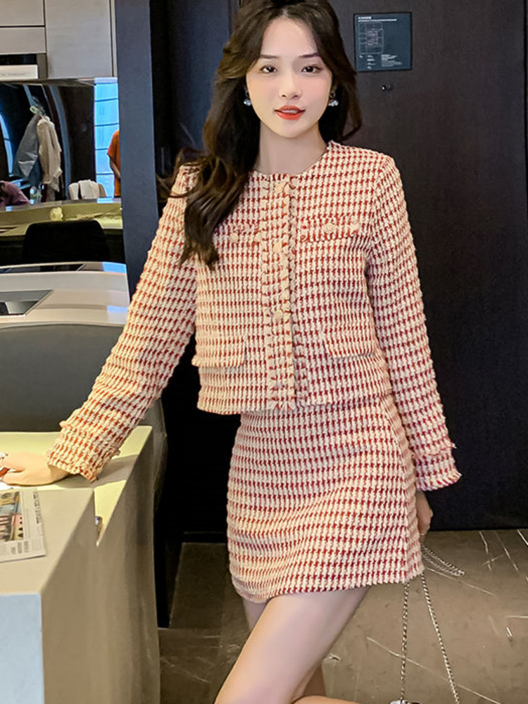 2022 autumn Two Piece Sets womens outifits tweed Coat Crop Top + Skirt Suits conjuntos de falda elegante ensemble femme alx