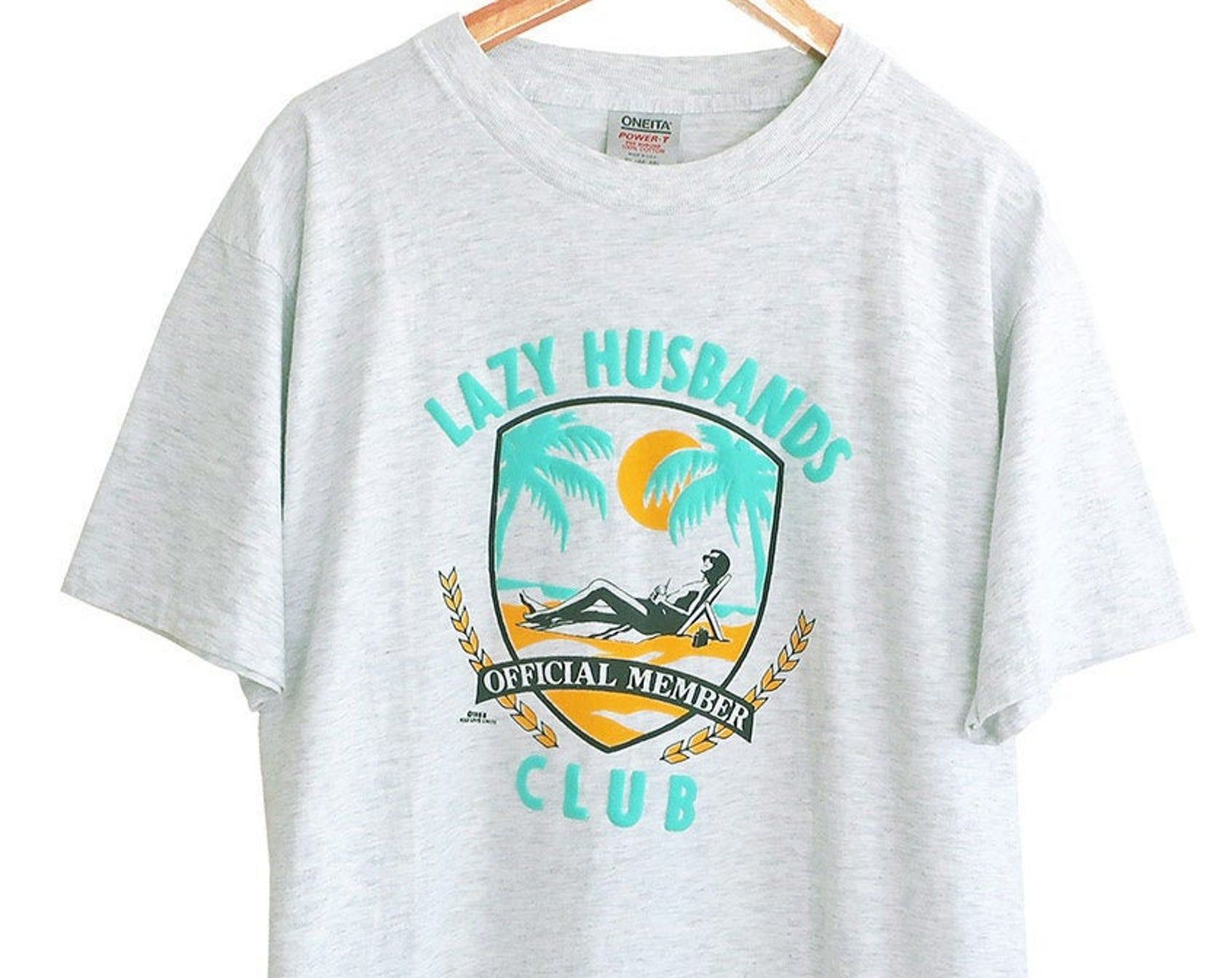 Vintage T Shirt / Lazy Husband Shirt / 80S T Shirt / 1980S Heather Grey Lazy Husband Club Beach Palm Tree Shirt