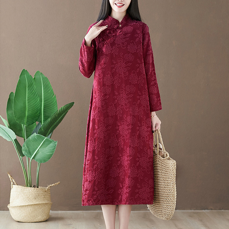 2022 New Arrival Chinese Style Spring Dress Cotton Linen Jacquard Vintage Dress Robes Women Casual Autumn Midi Dress alx